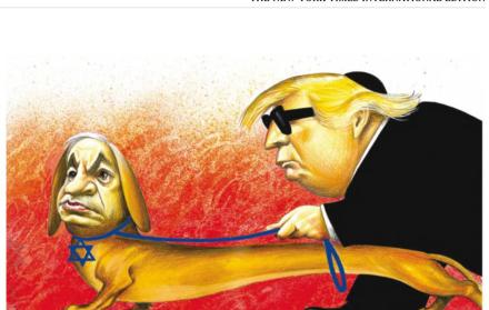 Caricatura de The New York Times, que muestra al presidente Donald Trump guiando un perro en alusión al primer ministro israelí.