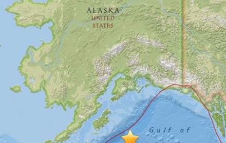 Mapa facilitado por el Centro Geológico de Estados Unidos (USGS) que muestra la localización de un terremoto en Alaska.