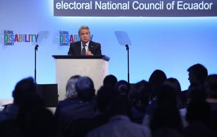 Lenín Moreno durante su discurso en la I Cumbre Global sobre Discapacidades que se celebra en Londres.