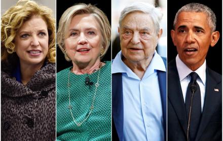 De izquierda a derecha: Debbie Wasserman Schultz, Hillary Clinton, George Soros y Barack Obama.