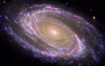 Ejemplo de galaxia espiral cercana M81, donde se identifica fácilmente el bulbo, la parte central más rojiza, y el disco, plagado de zonas donde se forman estrellas actualmente y aparecen como regiones azules formando brazos espirales.