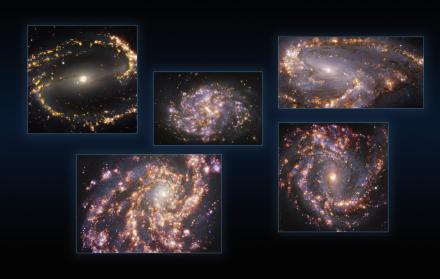 Esta imagen combina observaciones de cinco galaxias tomadas con el instrumento MUSE (Multi-Unit Spectroscopic Explorer, explorador espectroscópico multi-unidad), instalado en el Very Large Telescope (VLT) de ESO.