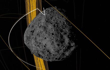 Imagen computarizada cedida por el Centro de vuelo espacial Goddard de la NASA que muestra la simulación de trayectoria del asteroide Bennu.