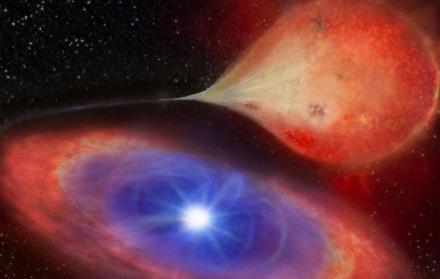 Impresión artística de una enana blanca -en esta imagen, la enana blanca MV Lyrae- que se acrecienta al absorber material de una estrella compañera.