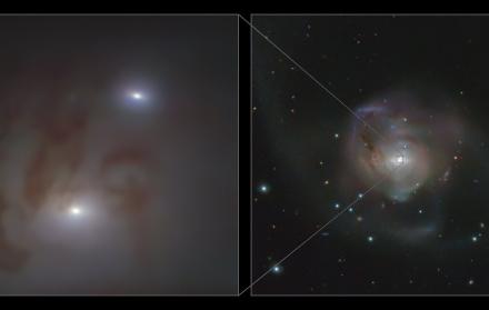 Imagen de un primer plano (i) y una vista amplia (d) de los dos núcleos galácticos brillantes, cada uno de los cuales alberga un agujero negro supermasivo.