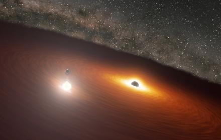 Concepción artística del sistema binario de agujeros negros en OJ 287. / R. Hurt (NASA/JPL) y Abhimanyu Susobhanan (Tata Institute of Fundamental Research) cedida por el IAA.