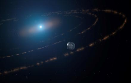 Impresión artística de la estrella enana blanca WD1054-226, orbitada por nubes de restos planetarios y un gran planeta en su zona habitable.