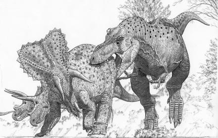 Representación de un Tyrannosaurus imperator que ataca a una manada del contemporáneo Triceratops horridus.