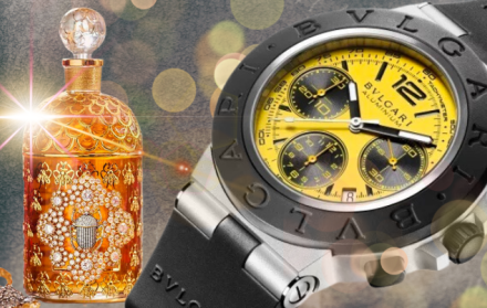 Una botella de lujo de la firma Guerlain y la diseñadora turca Begüm Khan, y reloj de Bvlgari