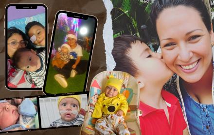 A la izquierda, Tamir, hijo de Tamara, quien ha enfrentado múltiples enfermedades graves; a la derecha, Adriana y su hijo Santiago, hija y nieto de Patricia, marcados por el dolor de la violencia femicida.