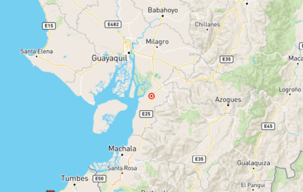 Mapa del Instituto Geofísico muestra la ubicación del epicentro del sismo de magnitud 4.9 registrado en Naranjal, Guayas, la mañana del 10 de mayo.