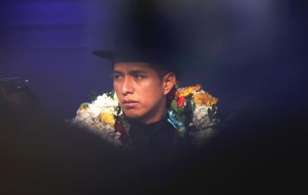 El presidente del Senado boliviano, Andrónico Rodríguez, participa en un acto en el que lanzó su candidatura a la presidencia de Bolivia este lunes, en La Paz (Bolivia).