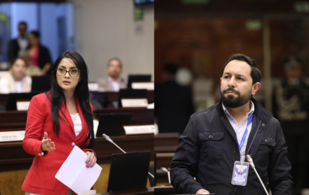 Viviana Veloz y Adrián Castro, asambleístas de la RC y ADN, en el primer debate de Ley de Integridad Pública.