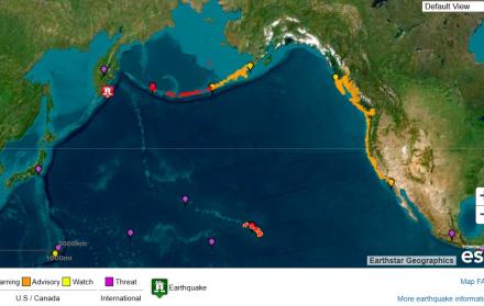 Imagen cedida por el Servicio Meteorológico Nacional (NOAA) de los Estados Unidos y su Sistema de Alerta de Tsunamis que muestra el punto origen del terremoto.