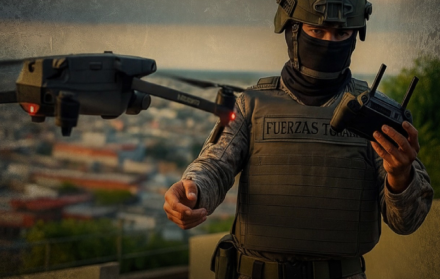 Un oficial de las Fuerzas Armadas opera uno de los drones del escuadrón Rayo Justiciero.