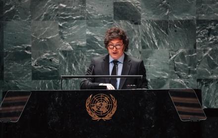 Congreso. El presidente de Argentina, Javier Milei, en el podio para dirigirse a la Asamblea de la ONU.