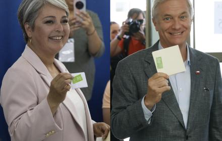 Combo de fotografías de los candidatos a la Presidencia de Chile Jeannette Jara y José Antonio Kast luego de votar este domingo.