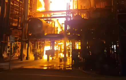 Bomberos combaten las llamas en una de las áreas de la Refinería de Esmeraldas durante el incendio registrado la noche del domingo.