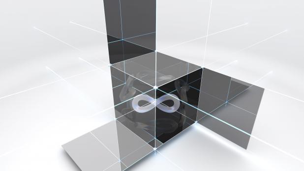 Interpretación artística de “La topología está en todas partes”. Las bandas de Mobius son visibles desde todos los ángulos del cubo, lo que representa la ubicuidad de las fases topológicas en los materiales de estado sólido.