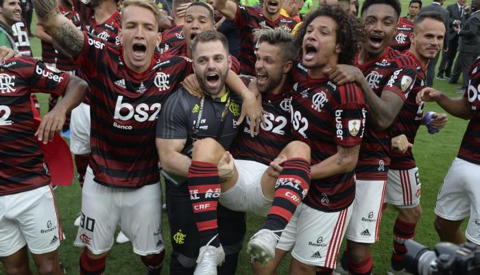 Jugadores del Flamengo celebran la victoria en la Copa Libertadores 2019.