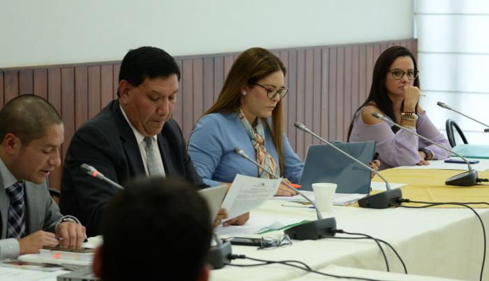 Comisión. El secretario gasta saliva leyendo informes. Fausto Terán, María Mercedes Cuesta y Marcela Aguiñaga se preparan para la batalla.