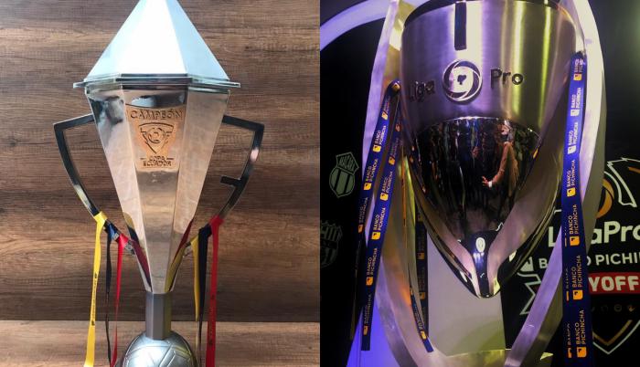 Diamante (izq.), el trofeo que fue entregado a Liga de Quito como campeón de la Copa Ecuador. A la derecha, el trofeo que será entregado el 15 de diciembre del 2019 al campeón de la LigaPro.