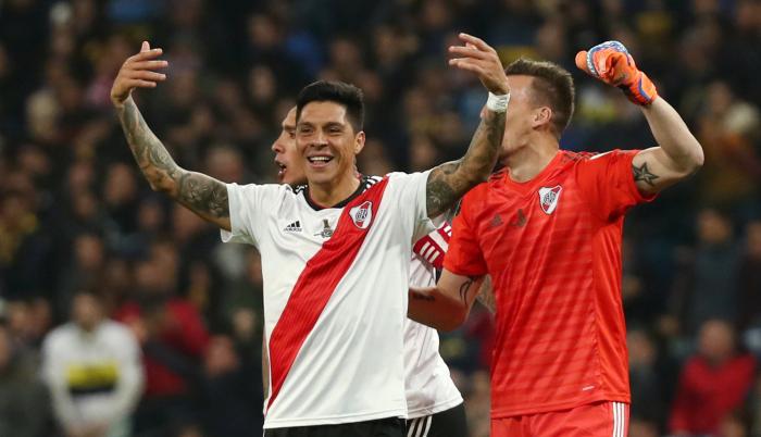 Franco Armani celebra la segunda anotación de River Plate.
