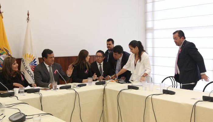 Comisión. Noralma Zambrano, Eliseo Azuero y Ana Galarza recibieron ayer a Fabricio Villamar en la comisión que investiga a la legisladora oficialista Norma Vallejo.