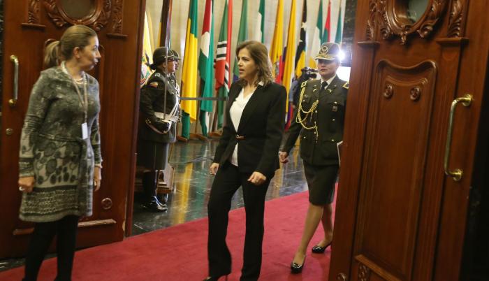 Ministra. María Paula Romo ingresó en el hemiciclo con puntualidad británica, a las 15h30, y tuvo que esperar media hora hasta la instalación.