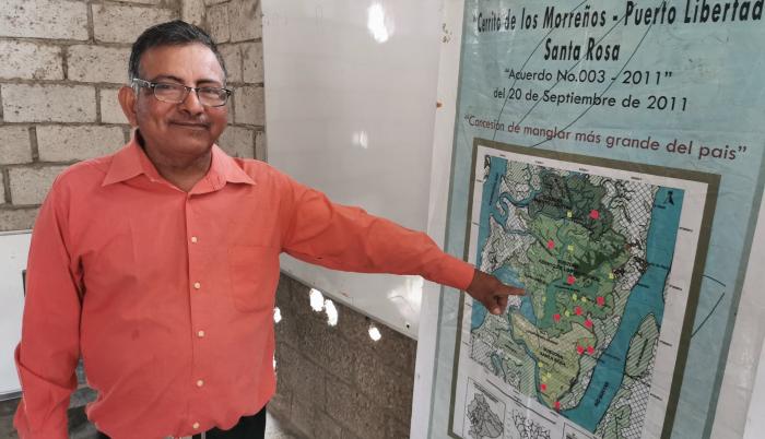 El custodio del manglar Genaro Vera muestra el mapa de los lugares identificados con tala.