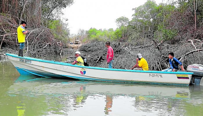 Escenario. Custodios observan una retroexcavadora en un sector del golfo de Guayaquil. La tala de manglar sigue, pese a que ya se denunció.