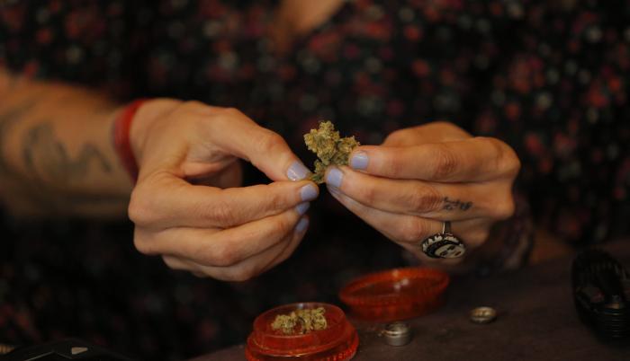 Fotografía fechada el 14 de diciembre de 2020 de la actriz, comunicadora y activista Francesca Brivio mientras enseña una muestra de cannabis durante una entrevista con Efe en Lima (Perú).