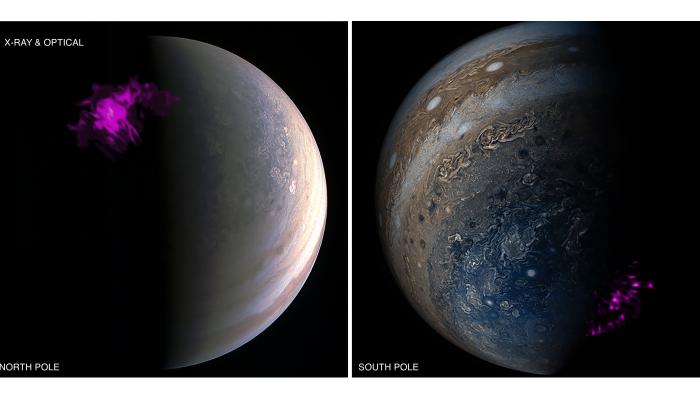 Imágenes de los polos de Júpiter procedentes del satélite Juno de la NASA y del telescopio de rayos X Chandra de la NASA.