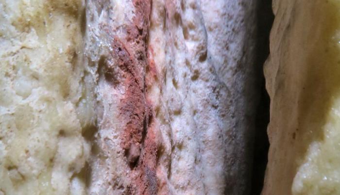 En la imagen, las marcas rojas encontradas en una estalagmita en la caverna de Ardales (en Málaga, España), que podrían ser las pinturas rupestres más antiguas del mundo conocidas hasta ahora.