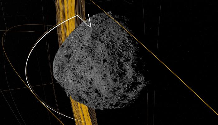 Imagen computarizada cedida por el Centro de vuelo espacial Goddard de la NASA que muestra la simulación de trayectoria del asteroide Bennu.