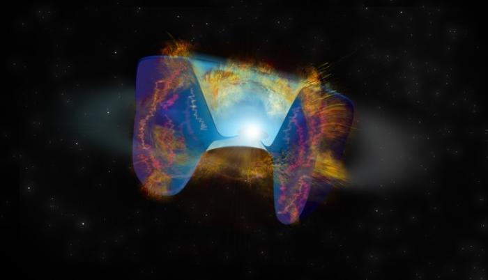 Recreación artística de los restos de una explosión de supernova desencadenada por una colisión estelar.