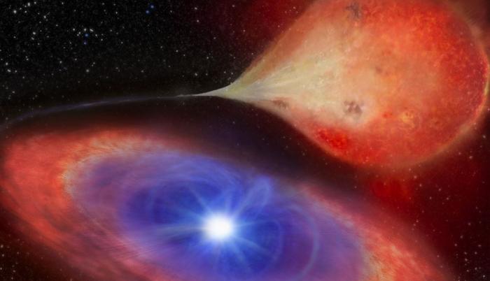 Impresión artística de una enana blanca -en esta imagen, la enana blanca MV Lyrae- que se acrecienta al absorber material de una estrella compañera.