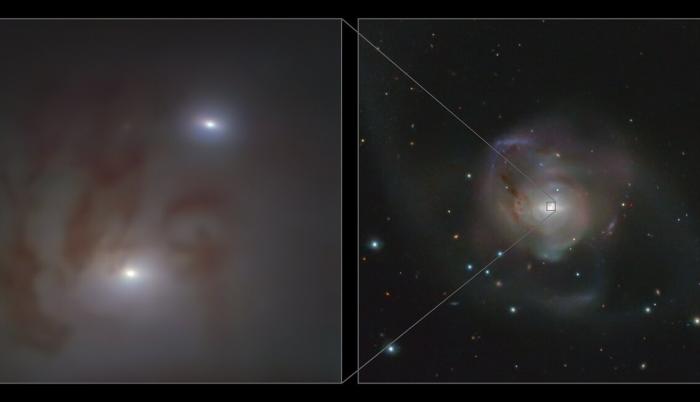 Imagen de un primer plano (i) y una vista amplia (d) de los dos núcleos galácticos brillantes, cada uno de los cuales alberga un agujero negro supermasivo.
