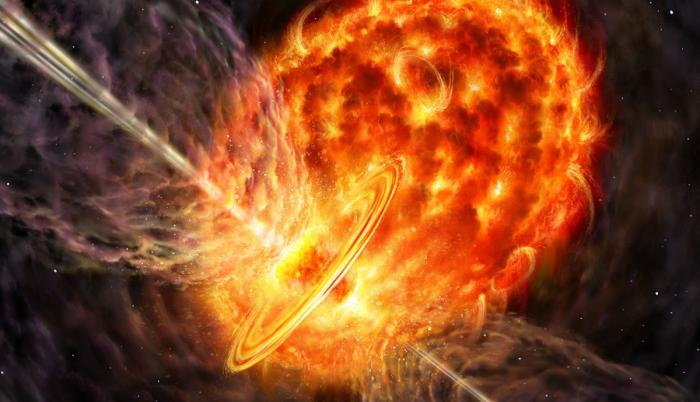 Ilustración de dos estrellas interactuando en una misma atmósfera.