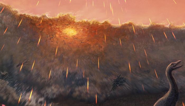Reconstrucción artística de la ola entrando en el río Tanis, arrastrando peces y todo lo que encuentra a su paso (dinosaurios, árboles) mientras llueven del cielo esférulas de impacto.