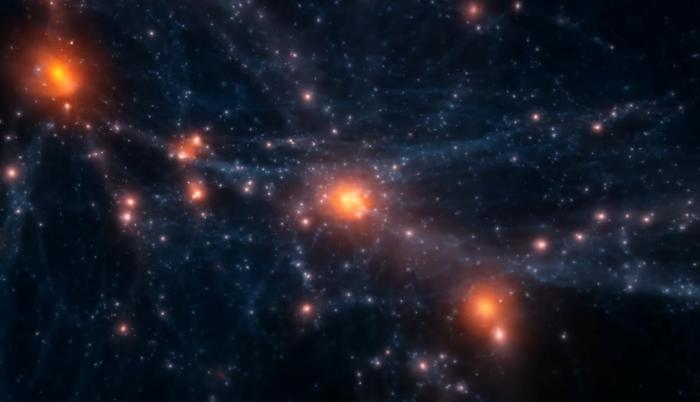 Imagen cedida por el IAC de una simulación de la formación y evolución de un cúmulo de galaxias.