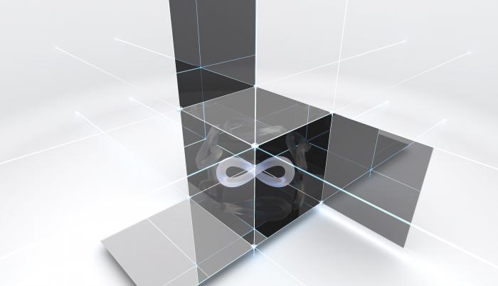 Interpretación artística de “La topología está en todas partes”. Las bandas de Mobius son visibles desde todos los ángulos del cubo, lo que representa la ubicuidad de las fases topológicas en los materiales de estado sólido.