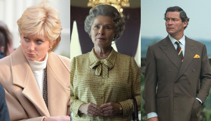 Elizabeth Debicki, Imelda Staunton y Dominic West, durante el rodaje de la serie.