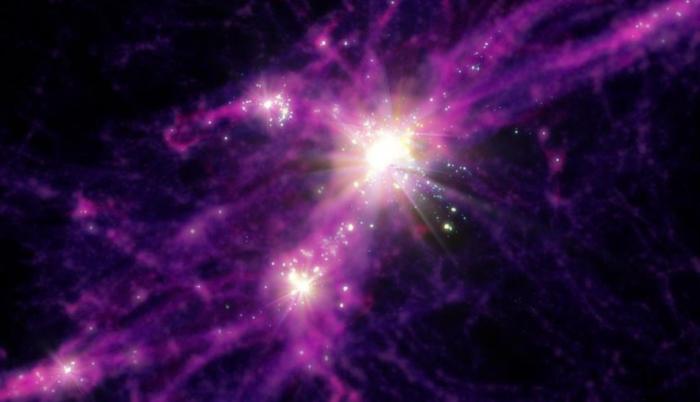 Concepción artística de las primeras galaxias con brote estelar. La imagen se ha obtenido a partir de los datos de simulación FIRE utilizados para esta investigación. Las estrellas y galaxias se muestran en los puntos de luz blanca brillante, mientras que