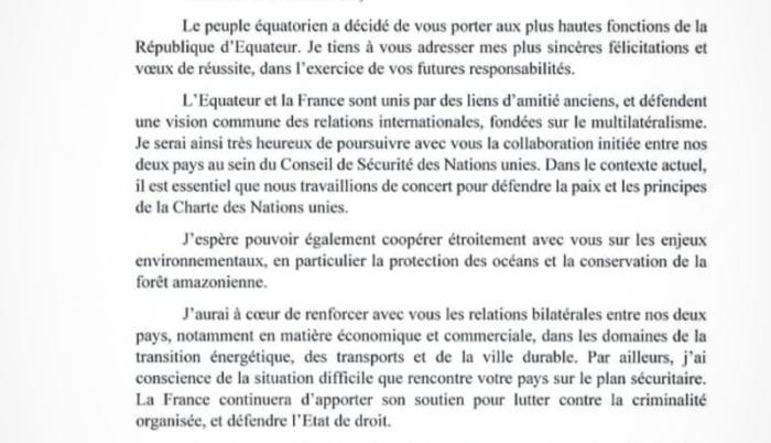 Carta de Emmanuel Macron a Daniel Noboa.