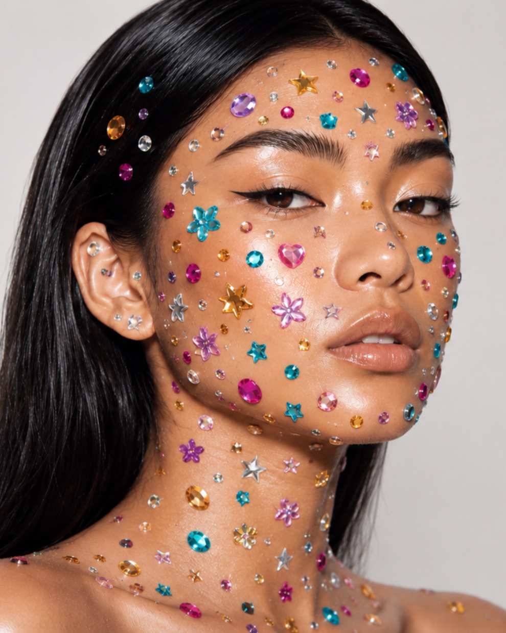 Flores, estrellas, corazones y cristales se apoderan del rostro.