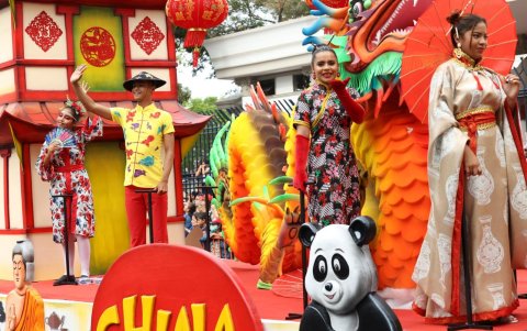 Esta carroza es un homenaje a la colonia china. Llevó el tradicional dragón que es una de las criaturas que representa esta cultura. En la parte delantera llevó un pez Koi, que significa prosperidad y buena suerte.