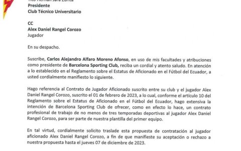 Carta de Barcelona dirigida al presidente de Técnico Universitario
