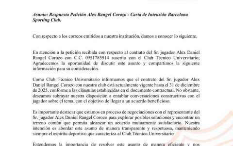 Respuesta de Técnico Universitario a Barcelona SC por el caso Alex Rangel