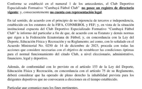 Carta del Ministerio del Deporte dirigida al Club Cumbayá